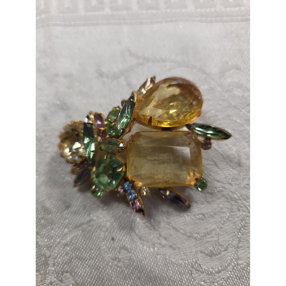 Vintage Alice Caviness Brooch Multicolor Rhinestone Glass Statement Pin Gold